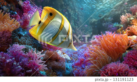 Colorful butterflyfish swimming among vibrant coral reef with sea anemones in tropical underwater marine ecosystem displaying rainbow colors and biodiversity 131191123