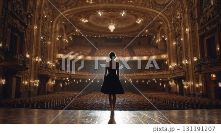 A single woman in a black dress stands on a stage, facing an empty, grand theater, bathed in a dramatic spotlight A single woman in a black dress stands on a stage, facing an empty, grand theater, bathed in a dramatic spotlight 131191207