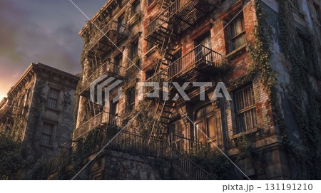 An old abandoned brick apartment building with fire escapes is overgrown with ivy and vines, capturing a sense of urban decay and neglect 131191210