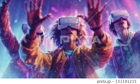 A group of people wearing virtual reality headsets reach out their hands, immersed in a vibrant and futuristic digital world with glowing lights 131191215