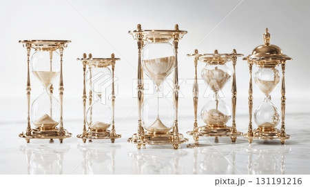 A collection of ornate, vintage hourglasses with golden frames and flowing sand, representing the concept of time, measurement, and history 131191216