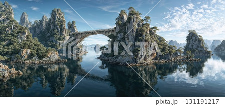 A breathtaking landscape shows a stone bridge arching between two lush, rock formations in a serene body of water with a clear sky above A breathtaking landscape shows a stone bridge arching between two lush, rock formations in a serene body of water with a clear sky above 131191217