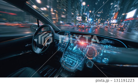 Futuristic autonomous vehicle dashboard with a sleek, holographic display navigating a bustling smart city at night, representing cutting-edge technology and a new era of travel Futuristic autonomous vehicle dashboard with a sleek, holographic display navigating a bustling smart city at night, representing cutting-edge technology and a new era of travel 131191223