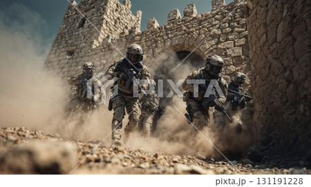 A dynamic military unit advances with weapons drawn through a dusty, conflict-ridden landscape, symbolizing tactical operations, warfare, and security 131191228
