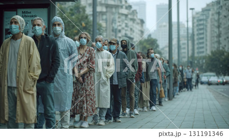 A line of people, many wearing masks and some in medical gowns, wait patiently on a city street. A compelling image reflecting themes of public health and healthcare access 131191346