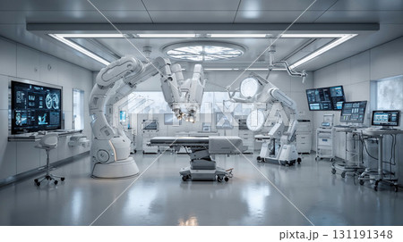 A sleek, state-of-the-art robotic surgery room with robotic arms, medical equipment, and high-tech displays. A symbol of medical innovation and future technology A sleek, state-of-the-art robotic surgery room with robotic arms, medical equipment, and high-tech displays. A symbol of medical innovation and future technology 131191348