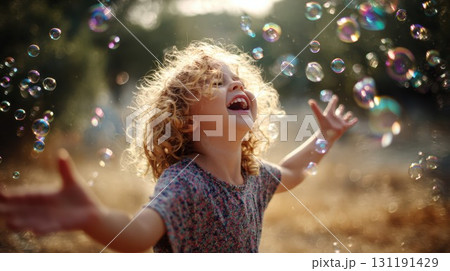 A happy child with curly hair laughs with arms outstretched, surrounded by a magical cascade of floating bubbles in the golden sunlight 131191429