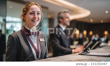 Smiling hotel receptionist in professional uniform with burgundy bow tie standing at elegant lobby desk providing excellent customer service experience 131191447