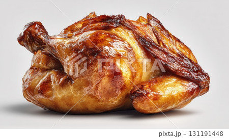 Grilled rotisserie chicken with crispy, golden skin on a white background 131191448