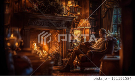 Cozy reading nook with person enjoying book by warm fireplace in elegant library with wooden shelves, soft lighting, and comfortable leather armchair creating perfect atmosphere Cozy reading nook with person enjoying book by warm fireplace in elegant library with wooden shelves, soft lighting, and comfortable leather armchair creating perfect atmosphere 131191584