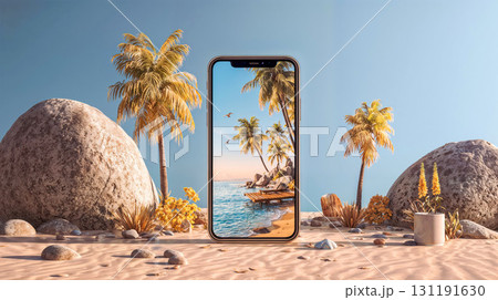Smartphone displaying tropical beach scene placed on sandy shore with palm trees and rocks. Mobile photography concept showcasing vacation destination through device screen 131191630
