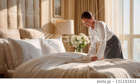 Professional hotel housekeeper in white uniform making luxury bed with crisp linens in elegant sunlit room with flowers and neutral decor 131191631