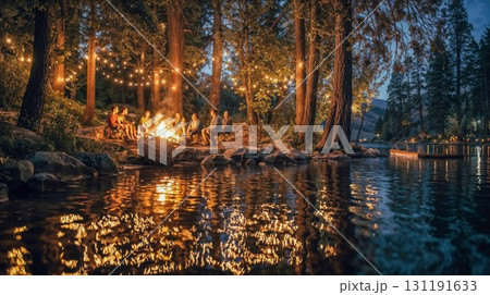 Friends gathered around campfire by lake at twilight with string lights creating magical atmosphere for outdoor adventure and bonding experience 131191633