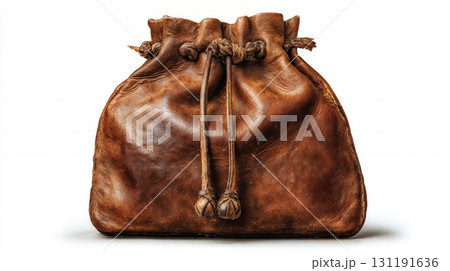 Vintage brown leather drawstring pouch bag with rustic rope ties and weathered texture isolated on white background for historical or western themed projects 131191636