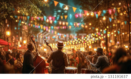 Street musicians performing jazz music with saxophone, double bass and drums at festive evening celebration with colorful lights and bunting decorations overhead 131191637