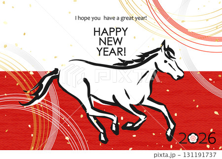 2026年 日本の年賀素材 紅白に馬と水引 2026年 日本の年賀素材 紅白に馬と水引 131191737