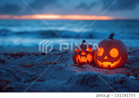 海辺のジャックオランタン ハロウィンかぼちゃランタンの幻想的な風景イラスト素材 131191755
