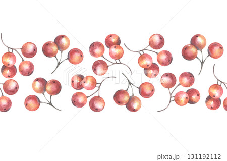 Seamless banner with red berries. Hand-painted watercolor illustration isolated on white for printing on textile, wallpaper, packaging, card, invitations, posters, backgrounds, seasonal, kitchen decor Seamless banner with red berries. Hand-painted watercolor illustration isolated on white for printing on textile, wallpaper, packaging, card, invitations, posters, backgrounds, seasonal, kitchen decor 131192112