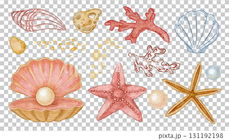 Seashell with pearl and starfish set in watercolor and hand drawn colored pencil sketch style. Red coral with sandy stone detail in outline. Great for marine summer print or card and coastal project. Seashell with pearl and starfish set in watercolor and hand drawn colored pencil sketch style. Red coral with sandy stone detail in outline. Great for marine summer print or card and coastal project. 131192198