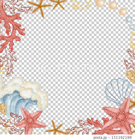 Square frame of blue wave and pearl in watercolor style. Hand drawn line art with red starfish and coral in colored pencil sketch. Great for summer card template. Perfect for nautical coastal print. 131192199
