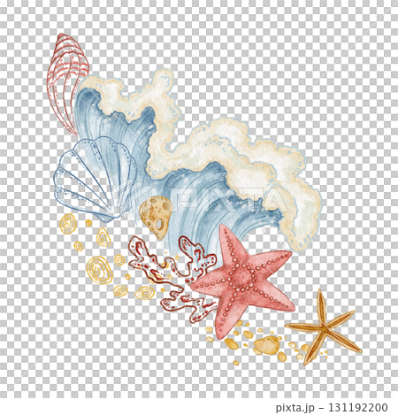 Starfish with seashell and blue wave watercolor design. Hand drawn line art with sand and coral in colored pencil style. Great for summer travel card or holiday print. Perfect for coastal project. 131192200