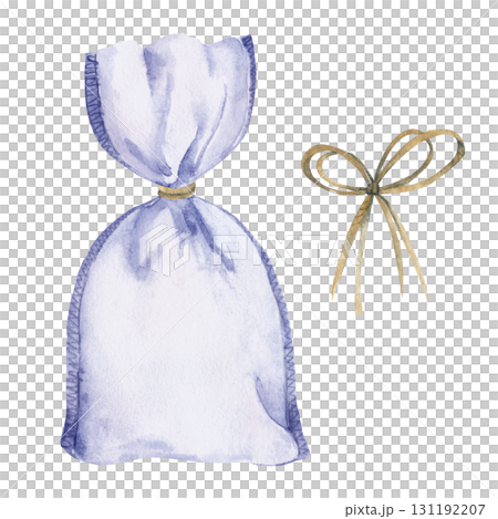 Simple fabric linen sachet potpourri lavender bag tied with jute string, raffia bow. Isolated illustration hand drawn in watercolor. Bath ritual, vintage spa kit, bridal favors, DIY gift packaging. 131192207