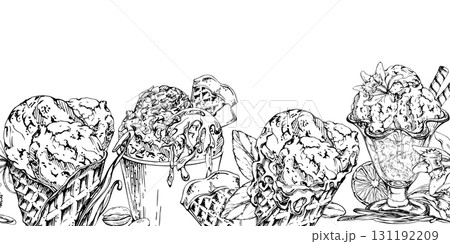 Gelato scoops in waffle cone, paper cup, glass sundae bowl with vanilla flower pods, orange slices, chocolate syrup, mint leaves. graphic seamless banner border illustration hand drawn in vector ink. 131192209