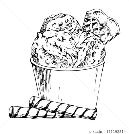 Creamy gelato or sorbet ball scoops in eco-friendly paper cup with waffle wafer roll. Vector graphic illustration hand drawn in pen and ink. Sweet snack icon, artisan treat branding, DIY stationery Creamy gelato or sorbet ball scoops in eco-friendly paper cup with waffle wafer roll. Vector graphic illustration hand drawn in pen and ink. Sweet snack icon, artisan treat branding, DIY stationery 131192214