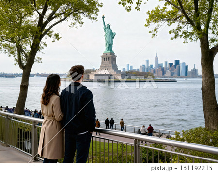 Couple enjoying the view of the Statue of Liberty and New York City skyline on a clear day 131192215
