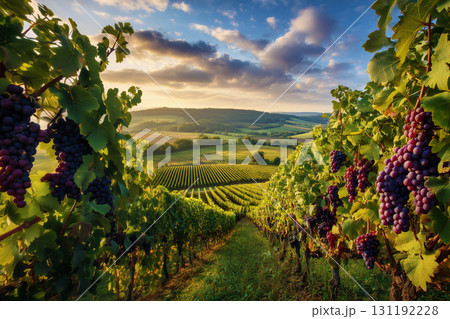 Bountiful grape harvest in a lush green valley. Rows of grapevines heavy with fruit under a dramatic cloudy sky at dusk, symbolizing rich agriculture. Bountiful grape harvest in a lush green valley. Rows of grapevines heavy with fruit under a dramatic cloudy sky at dusk, symbolizing rich agriculture. 131192228