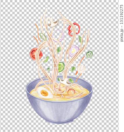 Flying boiled noodle and chopped vegetable ingredients in soup bowl watercolor illustration. Tomatoes, onions, beans, green pea, mushrooms, pepper, egg half. Healthy vegetarian food for menu. Flying boiled noodle and chopped vegetable ingredients in soup bowl watercolor illustration. Tomatoes, onions, beans, green pea, mushrooms, pepper, egg half. Healthy vegetarian food for menu. 131192275