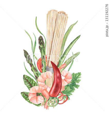 Ramen soup ingredients with seafood watercolor illustration on isolated background. Raw noodles, boiled shrimps, red chili, green bean pods, asparagus, tomato slice, parsley. For food blogs, recipe. 131192276