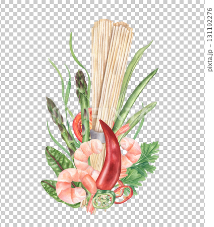 Ramen soup ingredients with seafood watercolor illustration on isolated background. Raw noodles, boiled shrimps, red chili, green bean pods, asparagus, tomato slice, parsley. For food blogs, recipe. 131192276