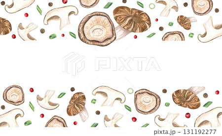 Shiitake mushrooms, peppercorn seeds, green leek slices watercolor horizontal border on isolated background. Hand painted Asian mushroom ingredients with spice frame for recipe, organic food packaging 131192277