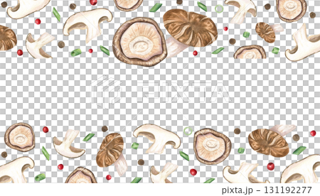 Shiitake mushrooms, peppercorn seeds, green leek slices watercolor horizontal border on isolated background. Hand painted Asian mushroom ingredients with spice frame for recipe, organic food packaging 131192277