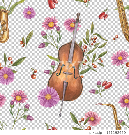 Watercolor contrabass, saxophone among autumn blooming chrysanthemum and decorative berry plant seamless pattern on isolated background. Musical instruments, aster flower, evergreen cotoneaster. 131192430