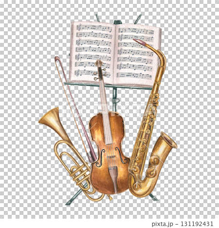 Music instruments and black metal stand with open music notebook watercolor illustration on isolated background. Classical trumpet, saxophone, violin and musical sheets on tripod for concert poster 131192431