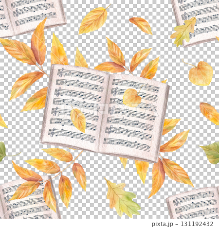 Open music notebook with staff and notes on yellow orange ash leaves watercolor illustration on isolated background. Music paper of book with note stave grid and autumn golden walnut branch. 131192432