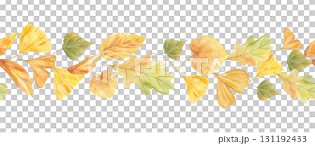 Watercolor autumn colored leaves seamless banner on isolated background. Fall golden and yellow green oak, aspen, ginkgo, linden, poplar, ash leaf illustration for design, decoration, textile. Watercolor autumn colored leaves seamless banner on isolated background. Fall golden and yellow green oak, aspen, ginkgo, linden, poplar, ash leaf illustration for design, decoration, textile. 131192433