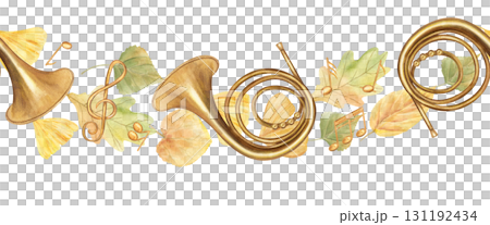 Flying brass French horn on autumn leaves horizontal seamless banner on isolated background. Musical wind instrument and fall golden oak, ginkgo, linden, poplar, ash leaf watercolor illustration. 131192434