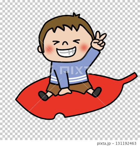 孩子騎在一片大落葉上（男孩 1） 131192463