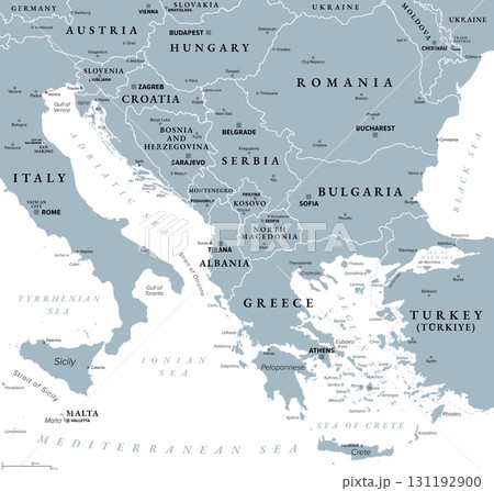 The Balkans and Balkan Peninsula, gray political map, with country borders, capitals, and largest cities. Geographical area in southeastern Europe, bordered by Adriatic, Ionian, Aegean, and Black Sea. 131192900