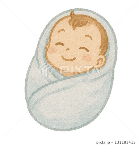 おくるみに包まれた赤ちゃんのイラスト/水色 131193415