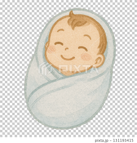 おくるみに包まれた赤ちゃんのイラスト/水色 131193415