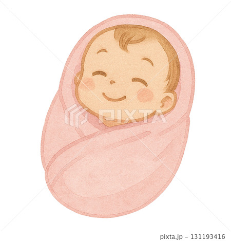 おくるみに包まれた赤ちゃんのイラスト/ピンク 131193416
