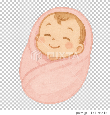 おくるみに包まれた赤ちゃんのイラスト/ピンク 131193416