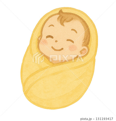 おくるみに包まれた赤ちゃんのイラスト/黄色 おくるみに包まれた赤ちゃんのイラスト/黄色 131193417