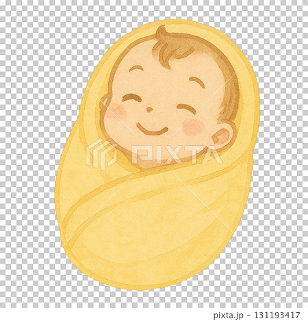 Illustration of a baby wrapped in a swaddling cloth / yellow 131193417