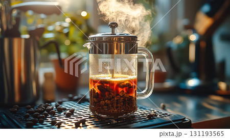 Coffee pot with a coffee filter in it is on a counter 131193565
