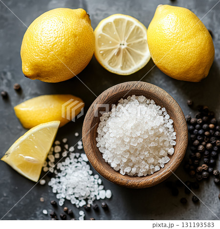 Bowl of salt and pepper sits on a counter with a lemon and a lemon slice 131193583